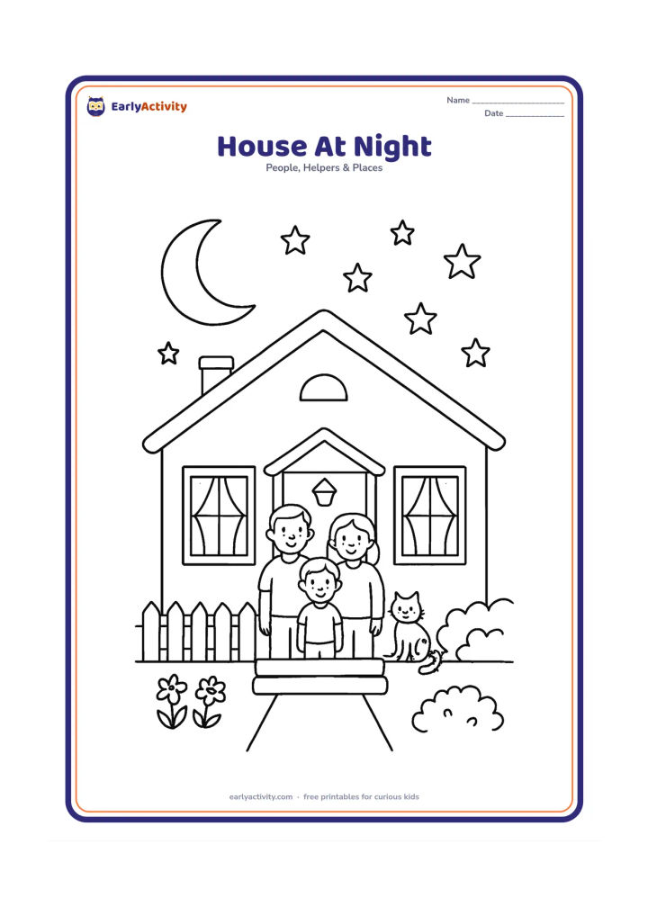 Colouring page: Draw a peaceful home at night with a roof, chimney, moon, stars, lit windows, front door, porch light, garden and fence. Show a family and cat looking out from the porch before bedtime.