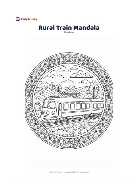 Colouring page: Place a friendly passenger train viewed from the side at the centre of a circular countryside mandala, surrounded by tracks, fields, trees, clouds, and repeating wheel and window…