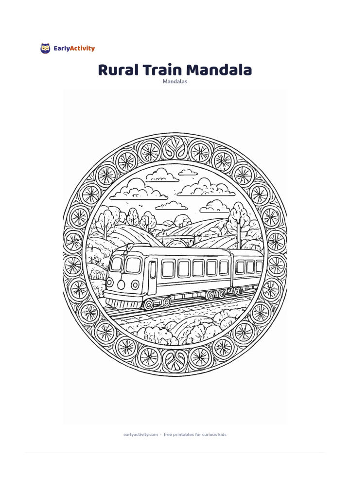 Colouring page: Place a friendly passenger train viewed from the side at the centre of a circular countryside mandala, surrounded by tracks, fields, trees, clouds, and repeating wheel and window…