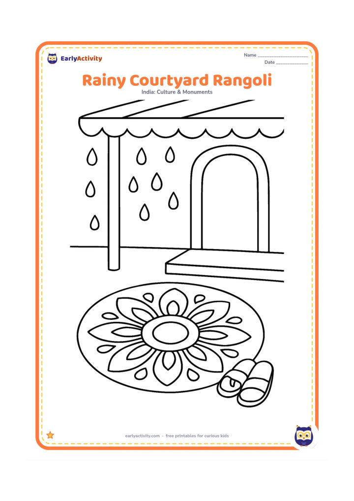 Colouring page: Draw a large simple rangoli under a covered veranda while rounded raindrops fall beyond the roof edge. Include a pair of sandals and a broad doorway in the background.