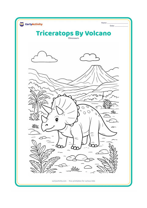 Colouring page: A calm triceratops stands in a broad valley with a distant, non-erupting volcano, layered rocky hills, cycads, ferns, and scattered stones. Use peaceful scenery with no smoke, lava, or…