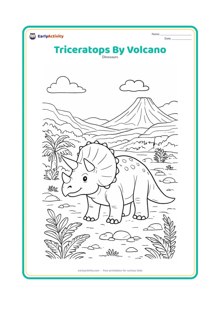 Colouring page: A calm triceratops stands in a broad valley with a distant, non-erupting volcano, layered rocky hills, cycads, ferns, and scattered stones. Use peaceful scenery with no smoke, lava, or…