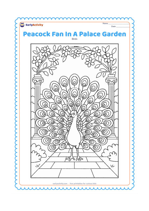 Colouring page: A male peacock spreads his full train in a palace garden framed by two carved pillars, flowering vines, and a tiled path. Fill the train with many repeated eye-like feather patterns.