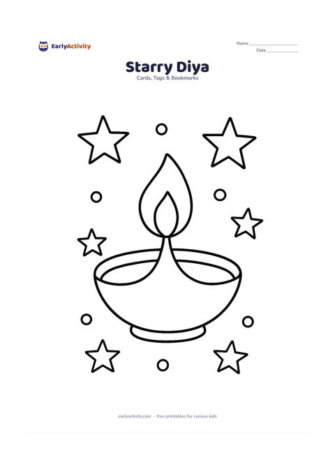 Worksheet: Draw one oversized diya with a bright flame, surrounded by large five-point stars and round dots. Arrange the shapes in a calm night-sky card design without any fireworks.