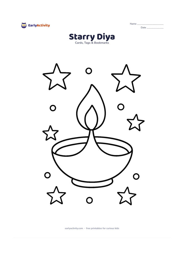 Worksheet: Draw one oversized diya with a bright flame, surrounded by large five-point stars and round dots. Arrange the shapes in a calm night-sky card design without any fireworks.