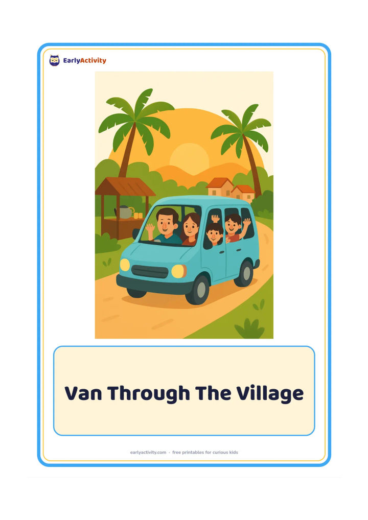 Flashcard: Draw a small van travelling along a village road at dawn, with a family waving from the windows. Include coconut palms, a tea stall with no sign and distant houses.