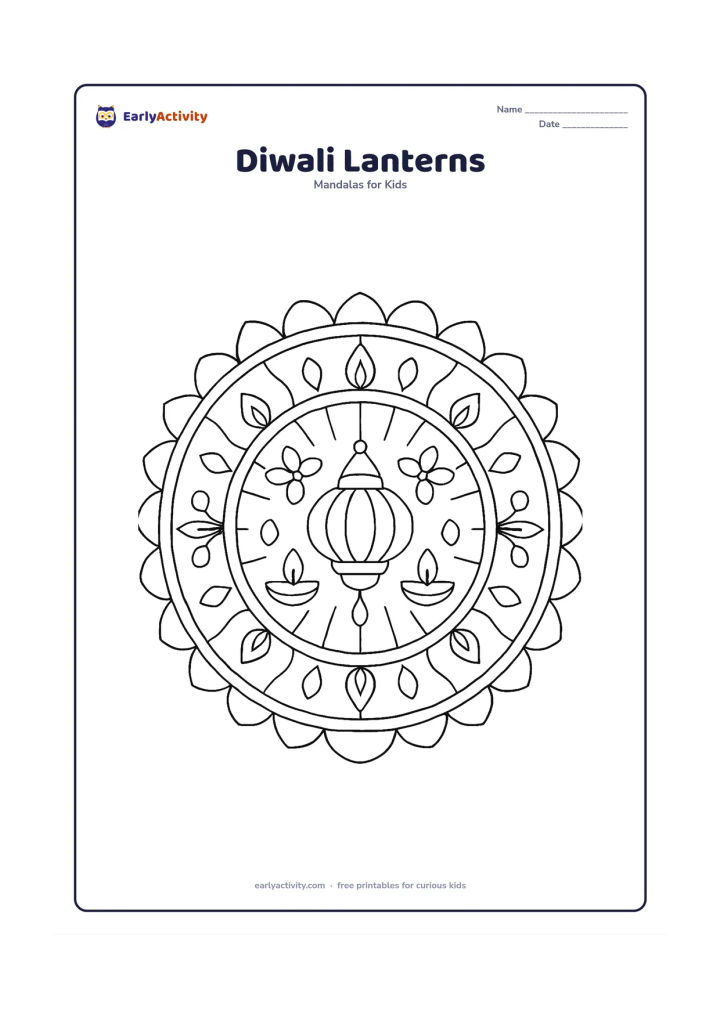 Colouring page: A circular mandala with one hanging paper lantern at the centre, surrounded by repeated small lamps, flower petals, light rays and decorative curved bands. Keep the festival scene calm…