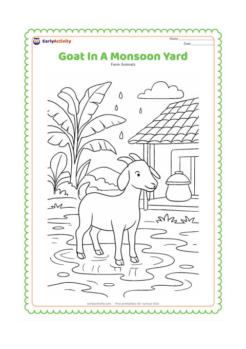 Colouring page: Draw a goat standing in a village farmyard after monsoon rain, with puddles, banana plants, a tiled roof, a covered water pot, and a few raindrops still falling. Include reflections as…