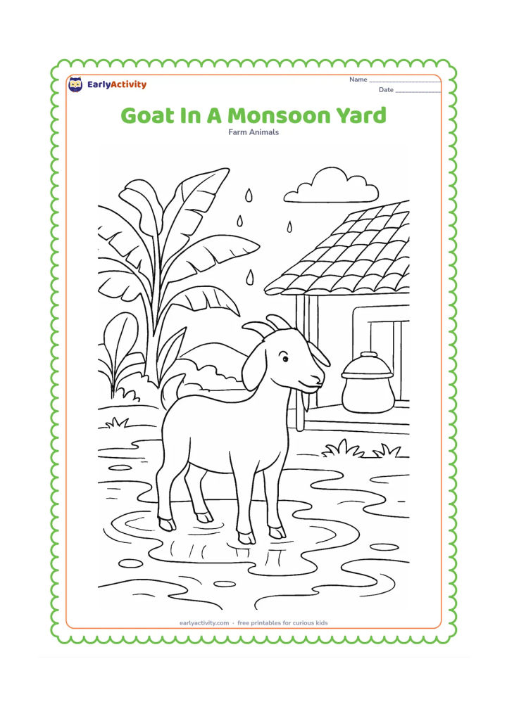 Colouring page: Draw a goat standing in a village farmyard after monsoon rain, with puddles, banana plants, a tiled roof, a covered water pot, and a few raindrops still falling. Include reflections as…