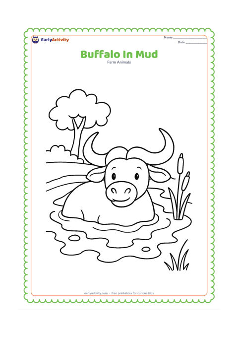 Colouring page: Draw a buffalo happily resting in a shallow muddy patch, with its head and wide horns clearly visible above the mud. Add a small pond edge, reeds and a simple tree.