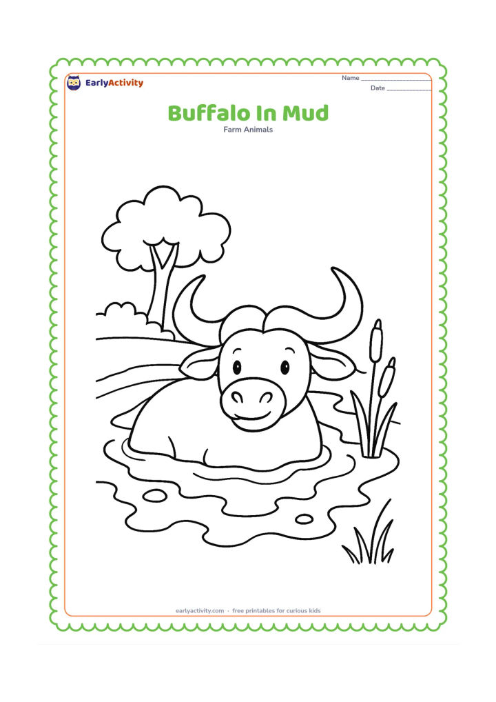 Colouring page: Draw a buffalo happily resting in a shallow muddy patch, with its head and wide horns clearly visible above the mud. Add a small pond edge, reeds and a simple tree.