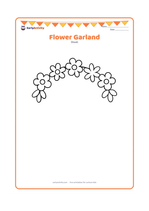 Colouring page: Draw a large curved garland made from simple round and petal-shaped flowers hanging across the top of the page. Leave the lower area mostly open for colouring.