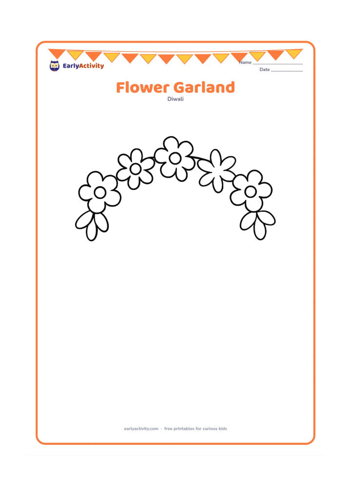 Colouring page: Draw a large curved garland made from simple round and petal-shaped flowers hanging across the top of the page. Leave the lower area mostly open for colouring.