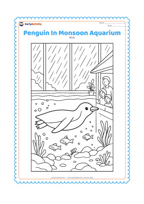 Colouring page: Draw a penguin swimming in a large Indian aquarium tank while monsoon rain falls outside the tall windows. Include underwater rocks, fish, seaweed, bubbles, indoor plants, and a family…