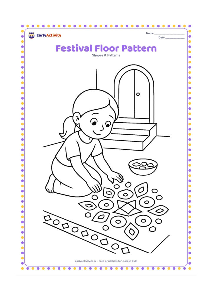 Colouring page: Draw a child kneeling beside a partly finished Indian rangoli on a courtyard floor, arranging repeated diamond, circle, and petal motifs. Add a small bowl of geometric shapes and a…