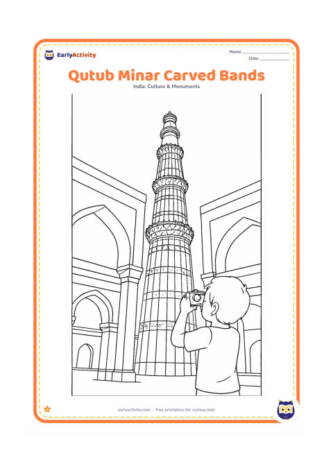 Colouring page: Show a low-angle view of the Qutub Minar with its alternating fluted sections, carved bands, projecting balconies and upper finial. Frame it with the remains of an arched courtyard and a…