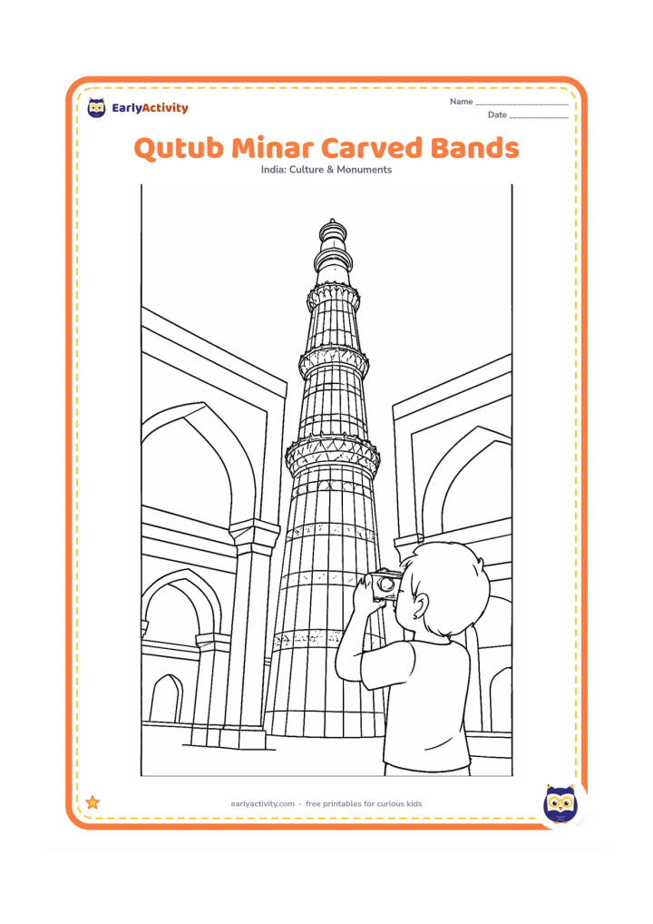 Colouring page: Show a low-angle view of the Qutub Minar with its alternating fluted sections, carved bands, projecting balconies and upper finial. Frame it with the remains of an arched courtyard and a…