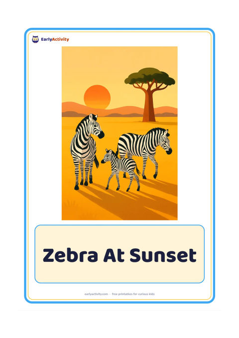 Flashcard: Draw a zebra family walking across open grassland at sunset, with one adult looking back at a foal. Include a baobab-like tree, long shadows and distant hills.