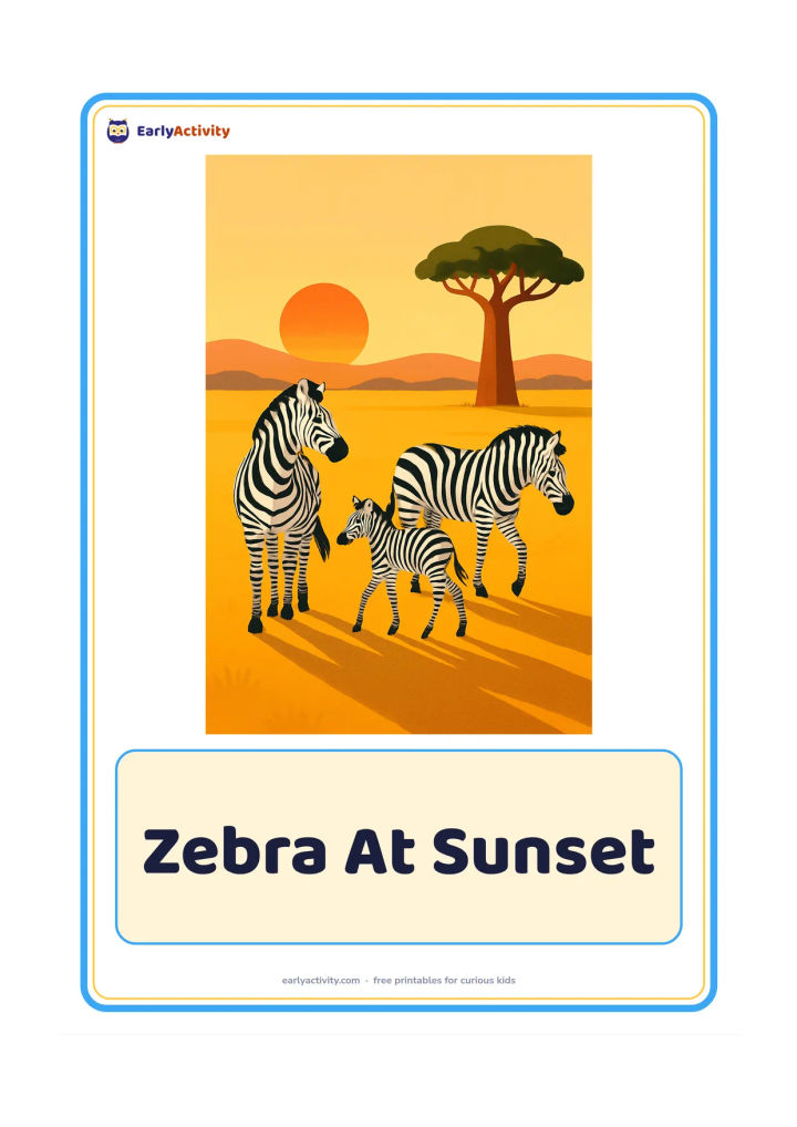 Flashcard: Draw a zebra family walking across open grassland at sunset, with one adult looking back at a foal. Include a baobab-like tree, long shadows and distant hills.