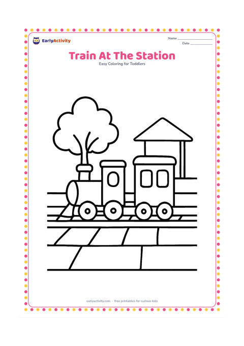 Colouring page: Draw a short train with one engine and one coach stopped beside a platform. Include a small station roof, a tree and a few large paving shapes, with no station name or signs.