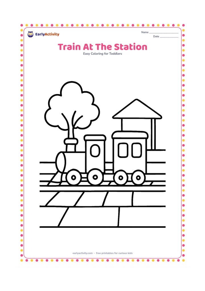 Colouring page: Draw a short train with one engine and one coach stopped beside a platform. Include a small station roof, a tree and a few large paving shapes, with no station name or signs.