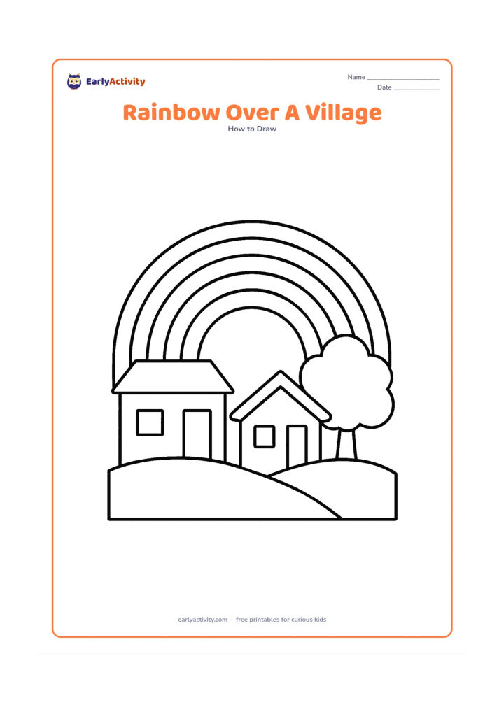 Worksheet: A broad rainbow rises behind two simple houses, a rounded tree and a low hill. Include one small Indian-style house with a flat roof beside one house with a sloping roof, while keeping…