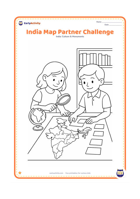 Colouring page: Draw two schoolchildren working together over a detailed India map with simplified state borders, one using a magnifying glass and the other sorting blank coloured cards into groups.…