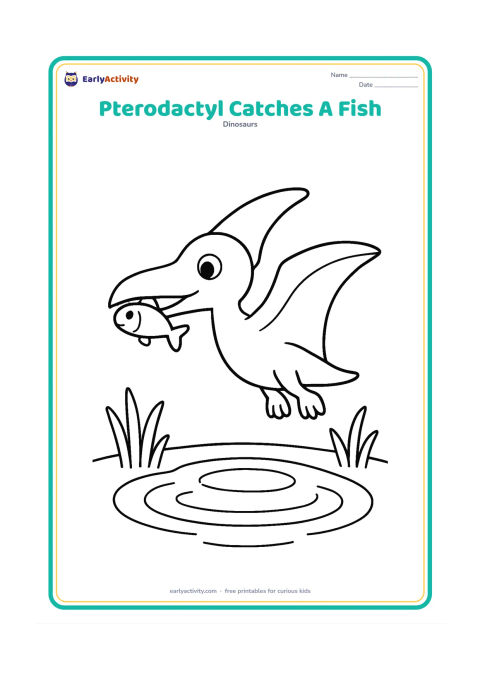 Colouring page: Draw a pterodactyl flying just above a pond with a small fish held gently in its beak, using large ripples and a few simple water plants below.