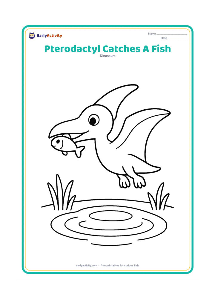 Colouring page: Draw a pterodactyl flying just above a pond with a small fish held gently in its beak, using large ripples and a few simple water plants below.