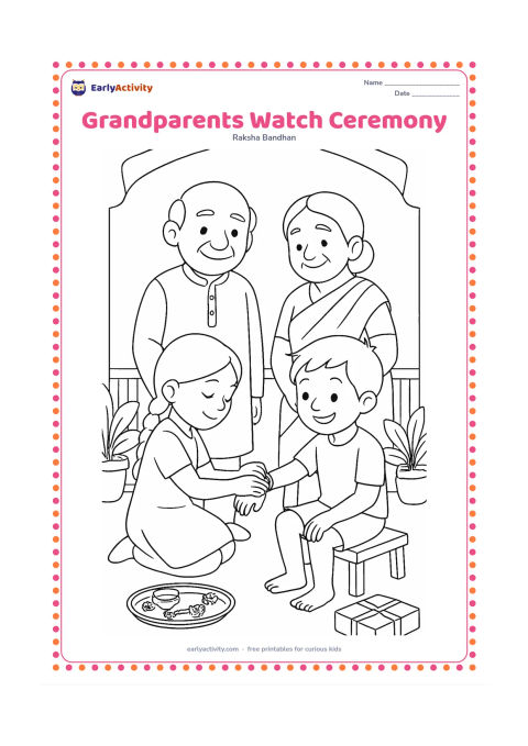 Colouring page: A child ties a rakhi on a sibling's wrist while two smiling grandparents watch from nearby. Show a home veranda with potted plants, a low stool, a thali and a plain wrapped gift.