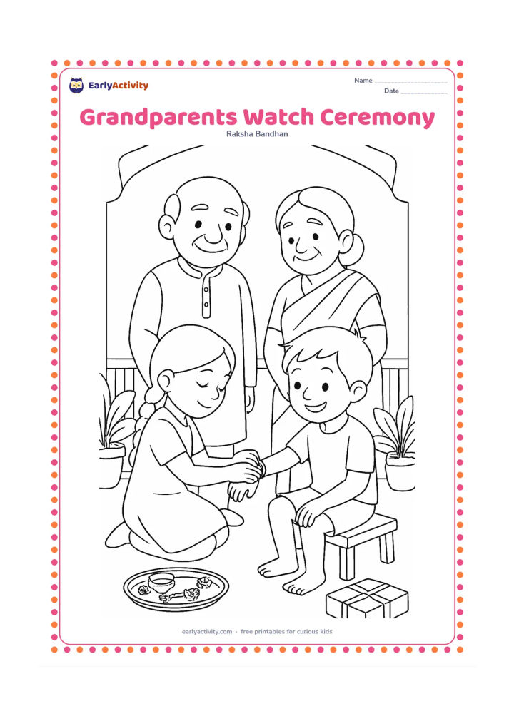 Colouring page: A child ties a rakhi on a sibling's wrist while two smiling grandparents watch from nearby. Show a home veranda with potted plants, a low stool, a thali and a plain wrapped gift.