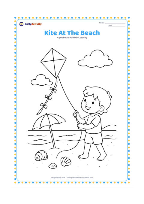 Colouring page: A child flies a long-tailed kite on a sandy beach while gentle waves roll nearby. Include a beach umbrella, seashells and distant clouds in a balanced scene.