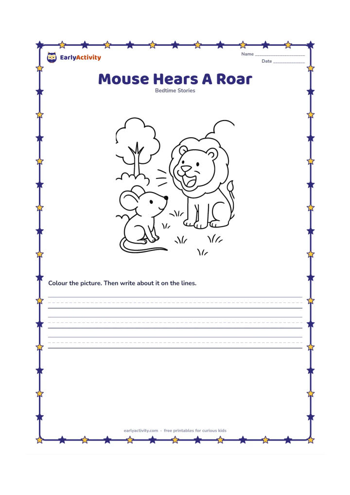 Printable: The small mouse pauses beside a bush and turns toward the distant lion, whose friendly roar is shown by a wide open mouth. Use curved sound lines without any words, plus trees and grass.