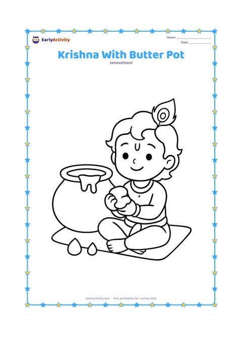 Colouring page: Draw young Krishna sitting beside a large open butter pot, holding a simple lump of butter. Add two large butter drops and a plain floor mat beneath him.