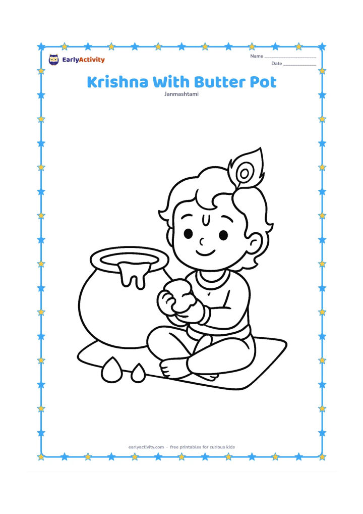 Colouring page: Draw young Krishna sitting beside a large open butter pot, holding a simple lump of butter. Add two large butter drops and a plain floor mat beneath him.