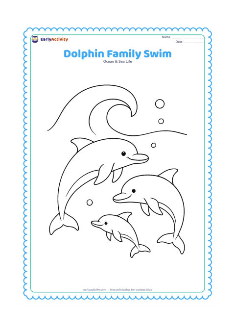 Colouring page: Draw two adult dolphins and one smaller calf swimming in a gentle group near the surface, with a large crescent wave and a few open bubbles. Arrange the pod across the page with plenty…