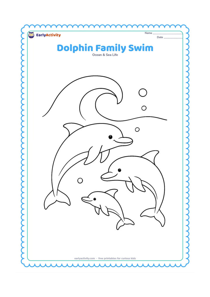 Colouring page: Draw two adult dolphins and one smaller calf swimming in a gentle group near the surface, with a large crescent wave and a few open bubbles. Arrange the pod across the page with plenty…