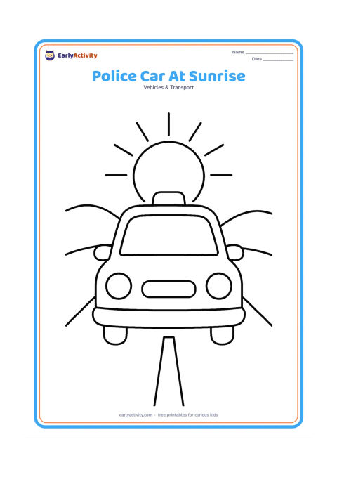 Colouring page: Draw a front-facing police car on a quiet road with a large rising sun behind it. Include two big headlights, a roof light and simple hills in the distance.