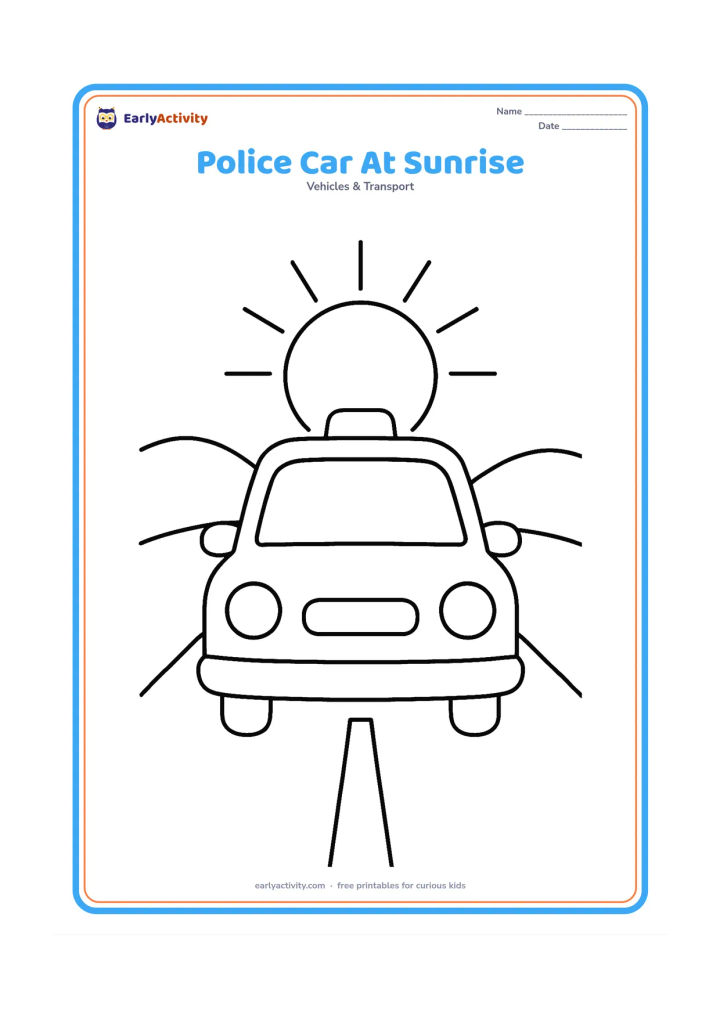 Colouring page: Draw a front-facing police car on a quiet road with a large rising sun behind it. Include two big headlights, a roof light and simple hills in the distance.