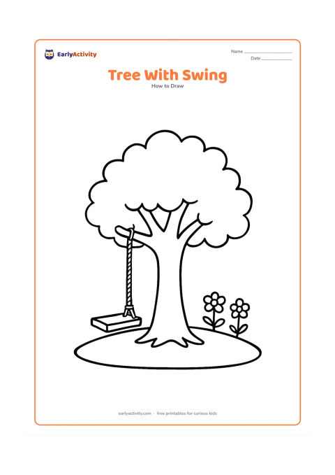 Worksheet: Show a sturdy tree with two main branches and a simple swing hanging from one branch. Add a curved ground line and two small flowers near the trunk.