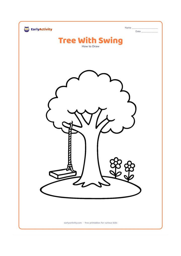 Worksheet: Show a sturdy tree with two main branches and a simple swing hanging from one branch. Add a curved ground line and two small flowers near the trunk.