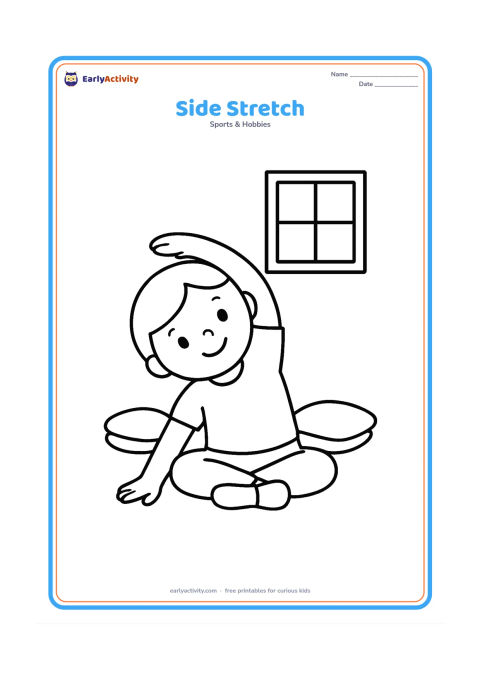 Colouring page: A child sits cross-legged and reaches one arm over the head for a gentle side stretch while the other hand rests on the mat. Add two simple floor cushions and a small window.