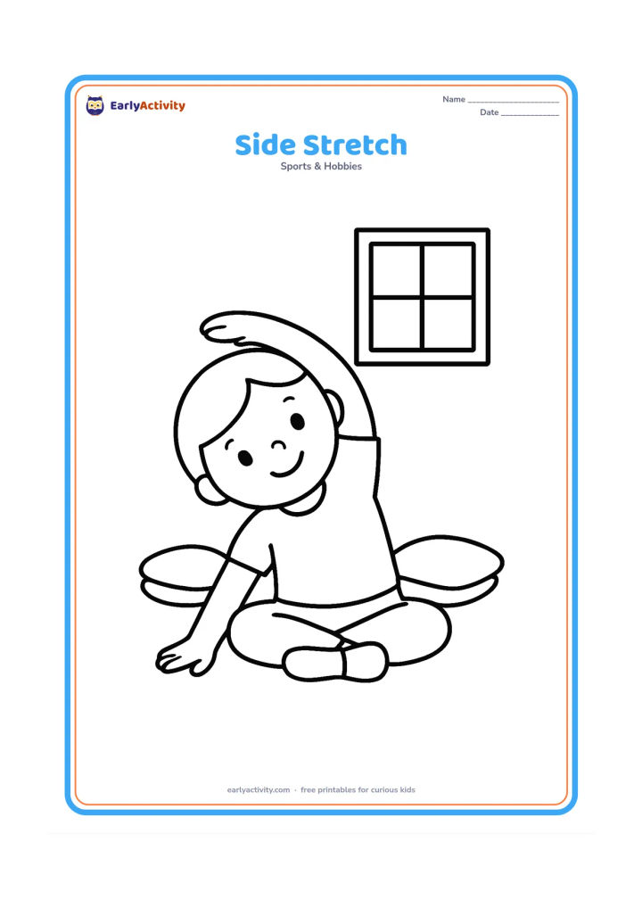 Colouring page: A child sits cross-legged and reaches one arm over the head for a gentle side stretch while the other hand rests on the mat. Add two simple floor cushions and a small window.