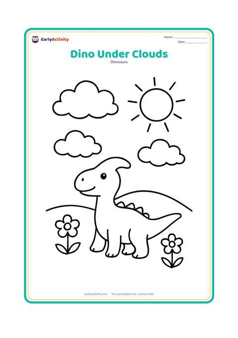Colouring page: A small, friendly duck-billed dinosaur looks up at three big clouds in an open meadow. Add two flowers, a low hill and a broad sun.