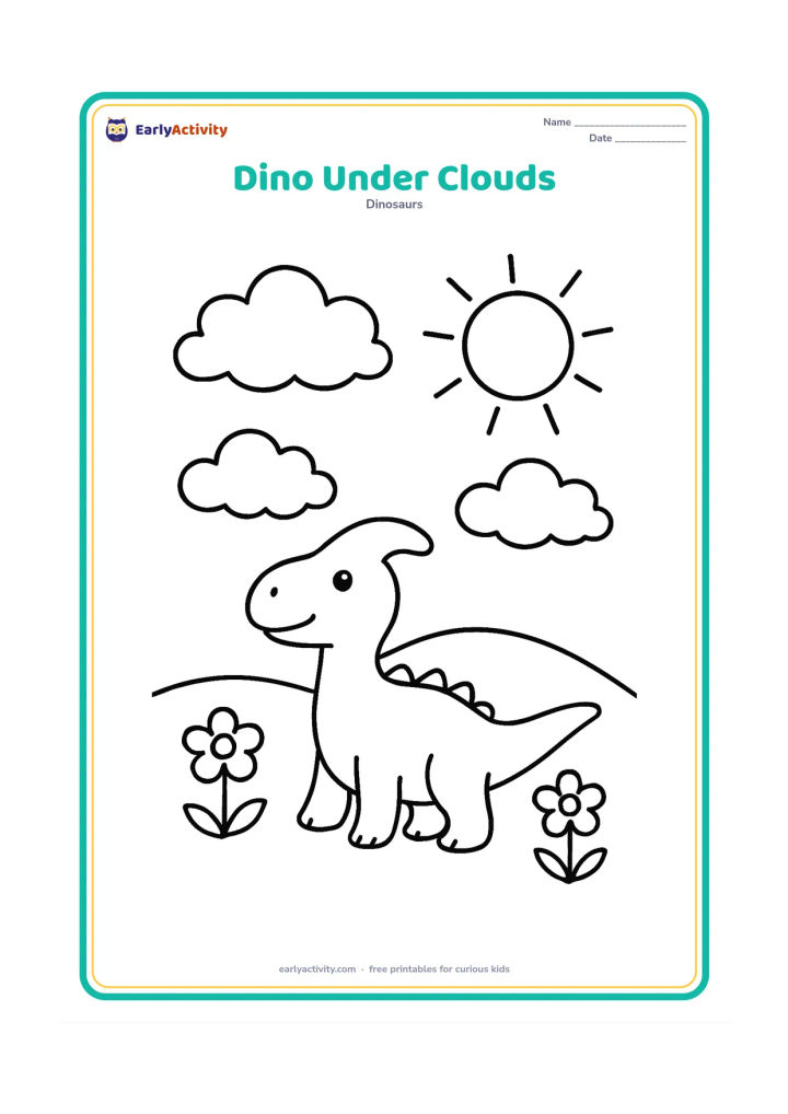 Colouring page: A small, friendly duck-billed dinosaur looks up at three big clouds in an open meadow. Add two flowers, a low hill and a broad sun.