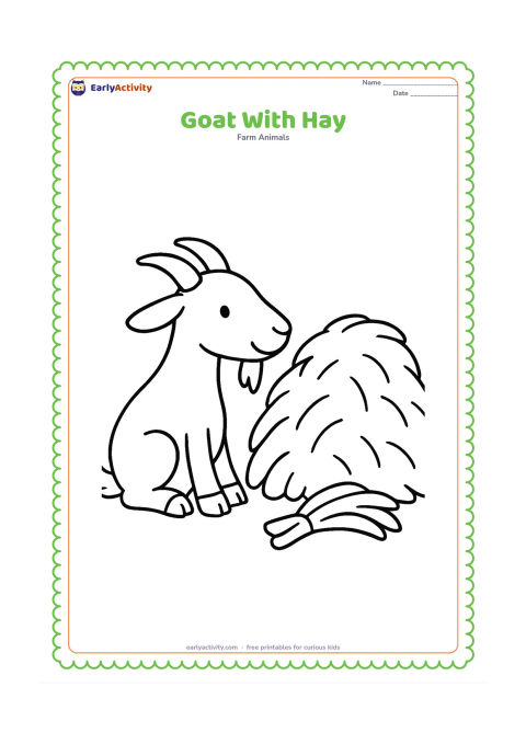 Colouring page: Draw a goat sitting beside a large pile of hay, reaching its head toward one simple hay bundle. Show its ears, horns, beard, and split front hoof shapes clearly.