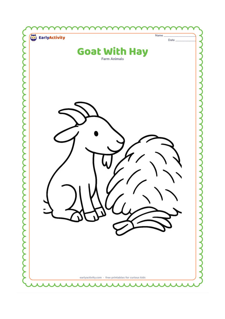 Colouring page: Draw a goat sitting beside a large pile of hay, reaching its head toward one simple hay bundle. Show its ears, horns, beard, and split front hoof shapes clearly.
