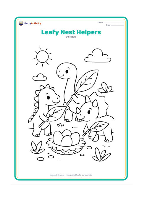 Colouring page: Draw three baby dinosaurs carrying broad leaves toward a shared nest with several eggs. Place them in a sunny clearing with a few plants and pebbles.