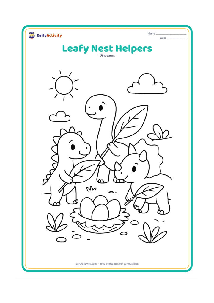Colouring page: Draw three baby dinosaurs carrying broad leaves toward a shared nest with several eggs. Place them in a sunny clearing with a few plants and pebbles.