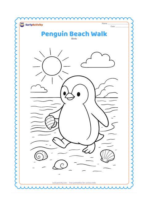 Colouring page: Draw a penguin walking along a sunny Southern Hemisphere beach with one flipper holding a shell. Include gentle waves, sand ripples, a few smooth shells, and distant rocky land.